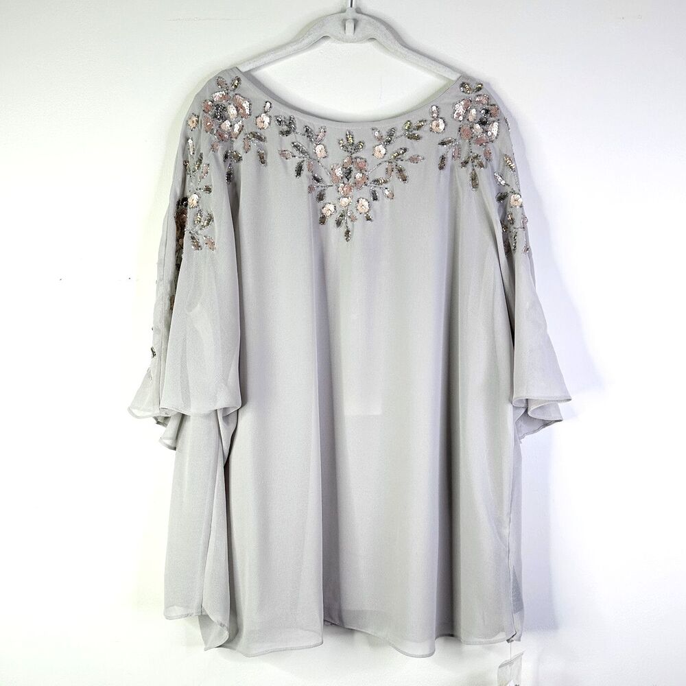 Anthology Top Women 22, 24 Plus Gray Sequins Chiffon Sheer Layers Retro Glam NWT